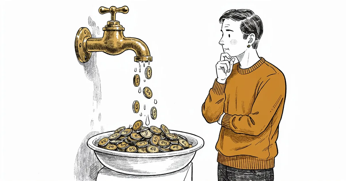 Brass faucet dripping coins into an overflowing basin, the hidden cost of manual work, drip by drip